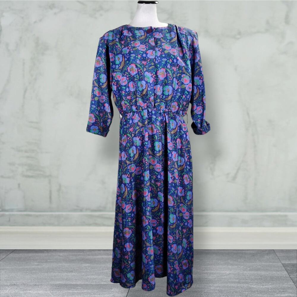 Vintage 80s Floral Shirtwaist Dress Purple Blue Secretary Midi Size 14